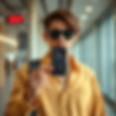 A fashionable individual showcasing a wearable phone holder