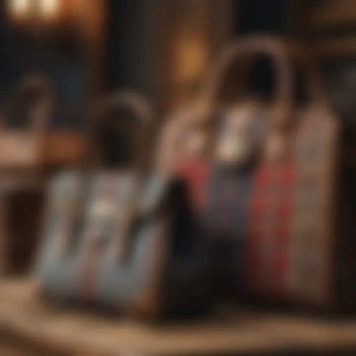 A historical display of woolen handbags from various eras.